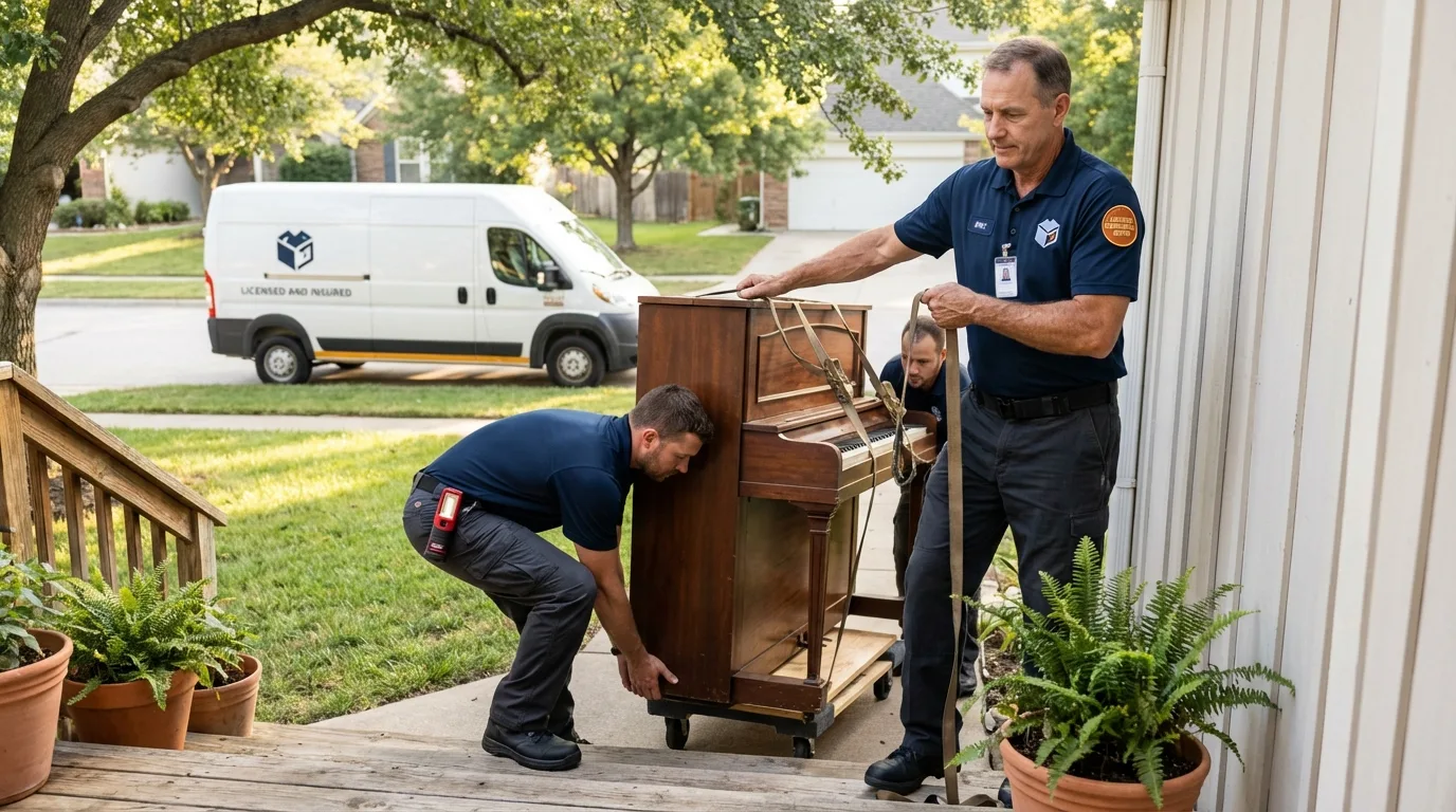 Licensed piano movers securing grand piano in Hoopeston, IL