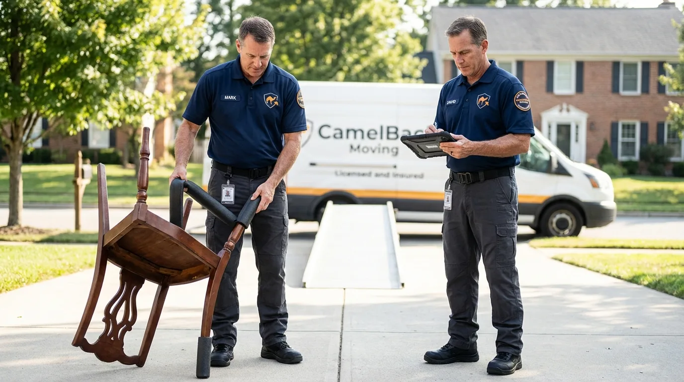 Movers inspecting furniture for damage prevention before loading in Hoopeston, IL