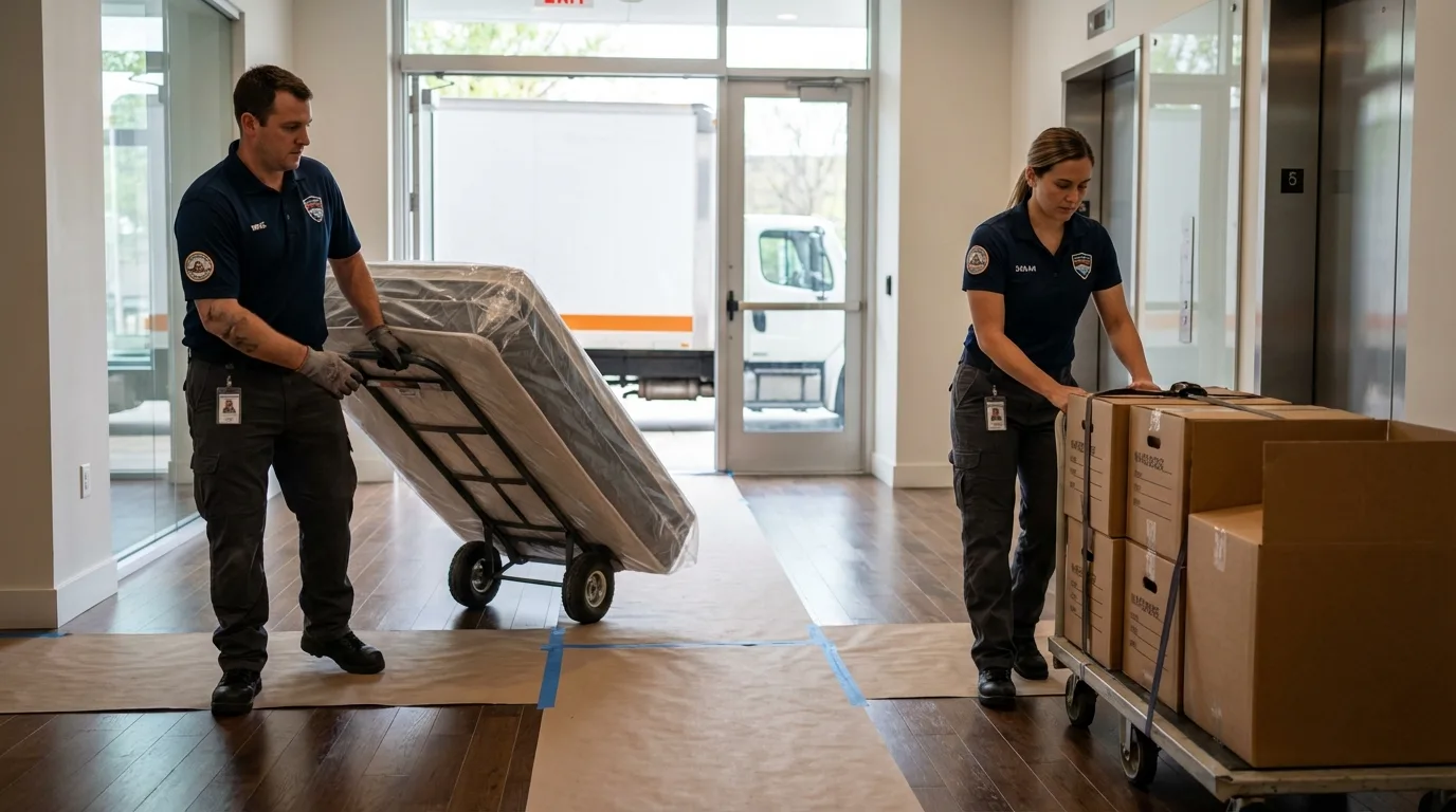 Professional apartment movers loading elevator in Hoopeston, IL